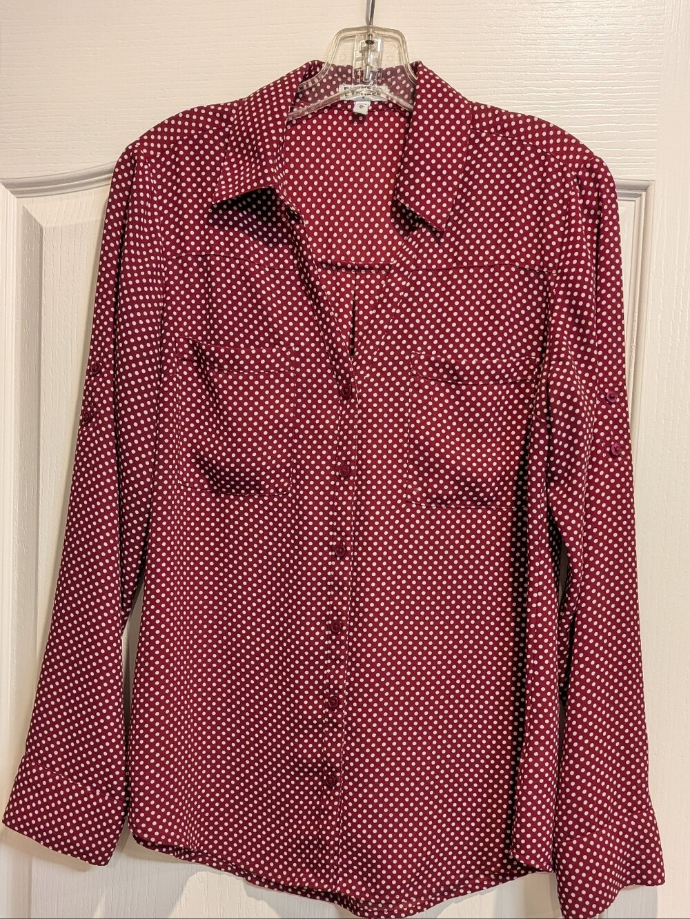 Express Portofino Burgundy Polka Dot Button-Up Blouse, Size M